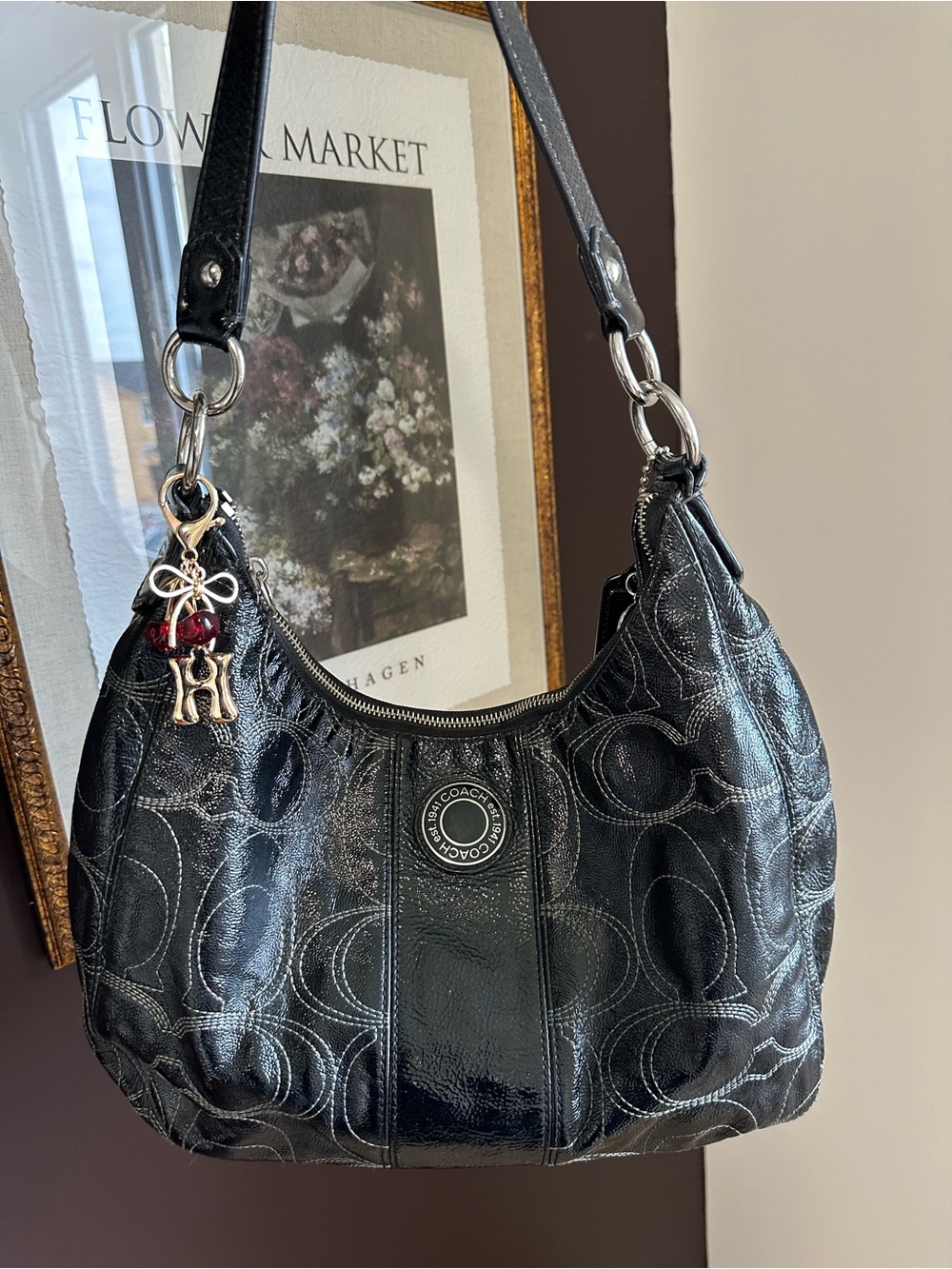 Vintage Coach Black Patent Signature Hobo Shoulder Bag Y2K